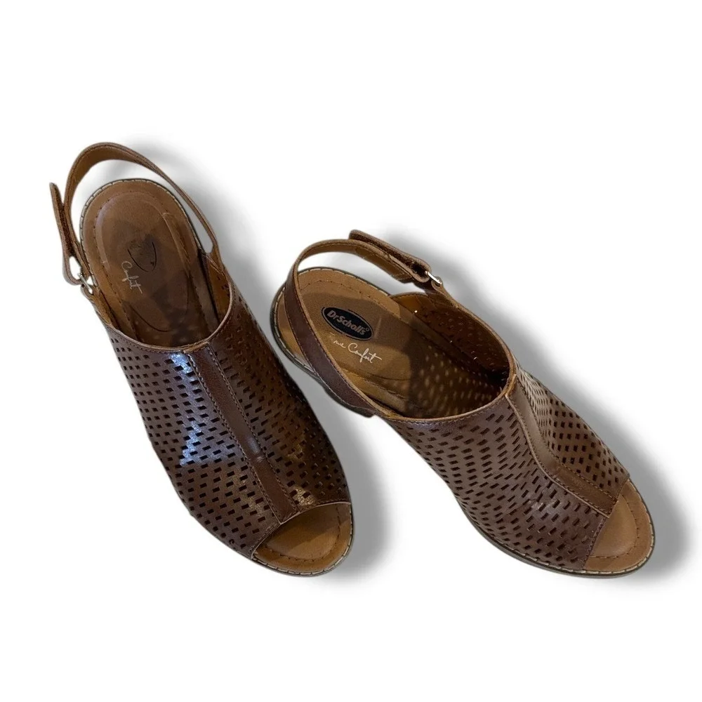 Dr. Scholls Codie Brown Perforated Peep Toe Slingback Block Heel Sandals 8.5M‎